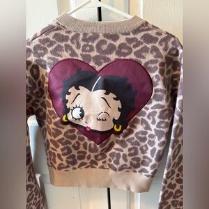 Betty Boop Graphic Leopard Long Sleeves Button Cardigan Sweater Grayson Threads